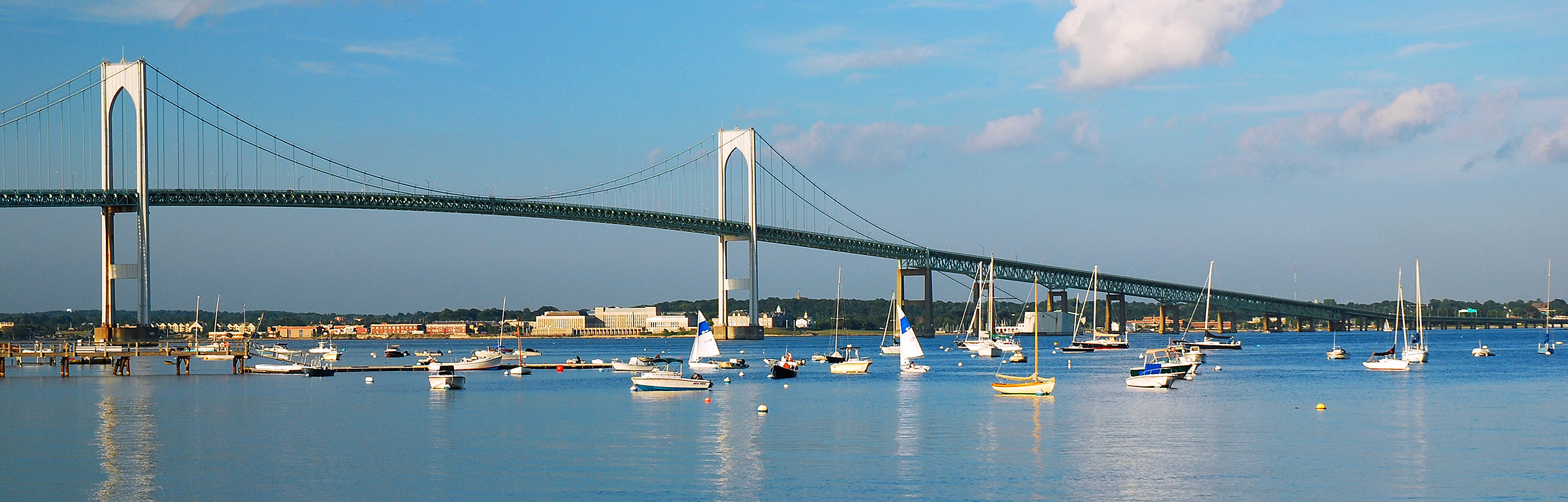 The Newport Pell Bridge spans Narragansett Bay and connects Jamestown and Newport, Rhode Island