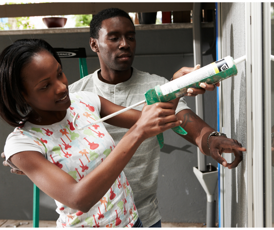 Daughter helps dad repair wall with chalking